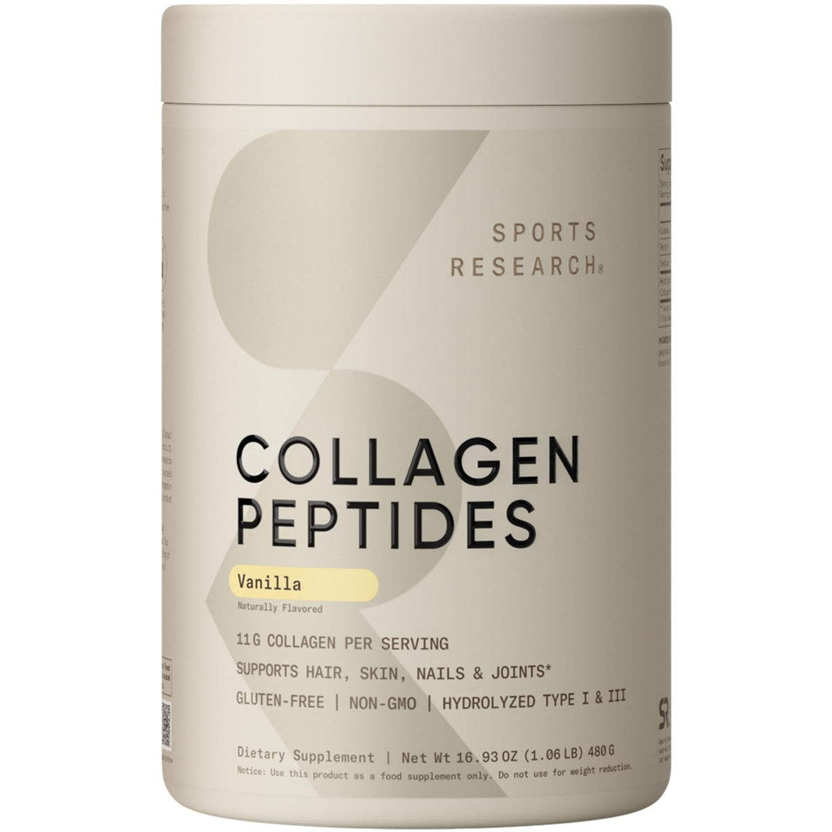 Poudre de collagène Sports Research 590g face avant avec étiquette vanille