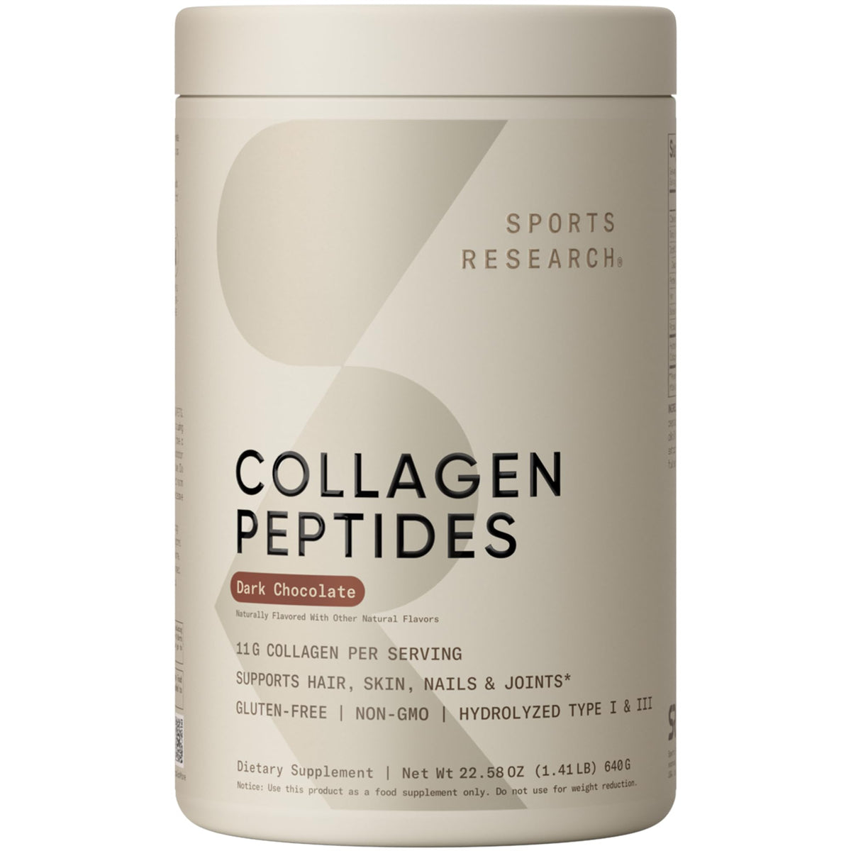 Poudre de collagène Sports Research chocolat noir 770g vue de face