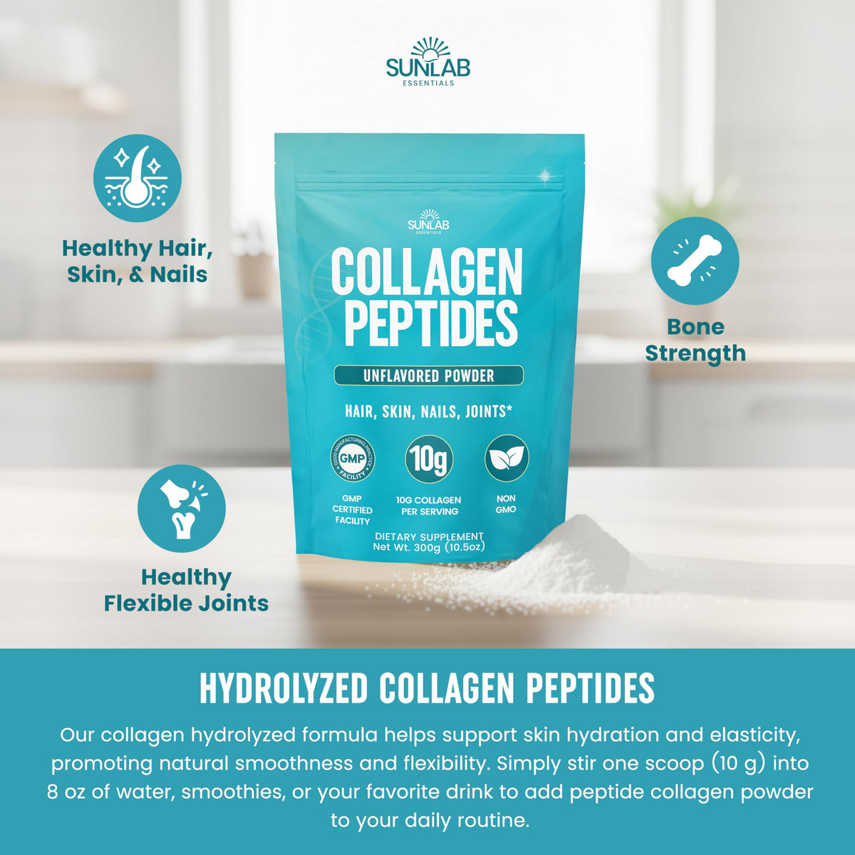 Poudre de collagène SunLab Essentials mélangée dans un smoothie