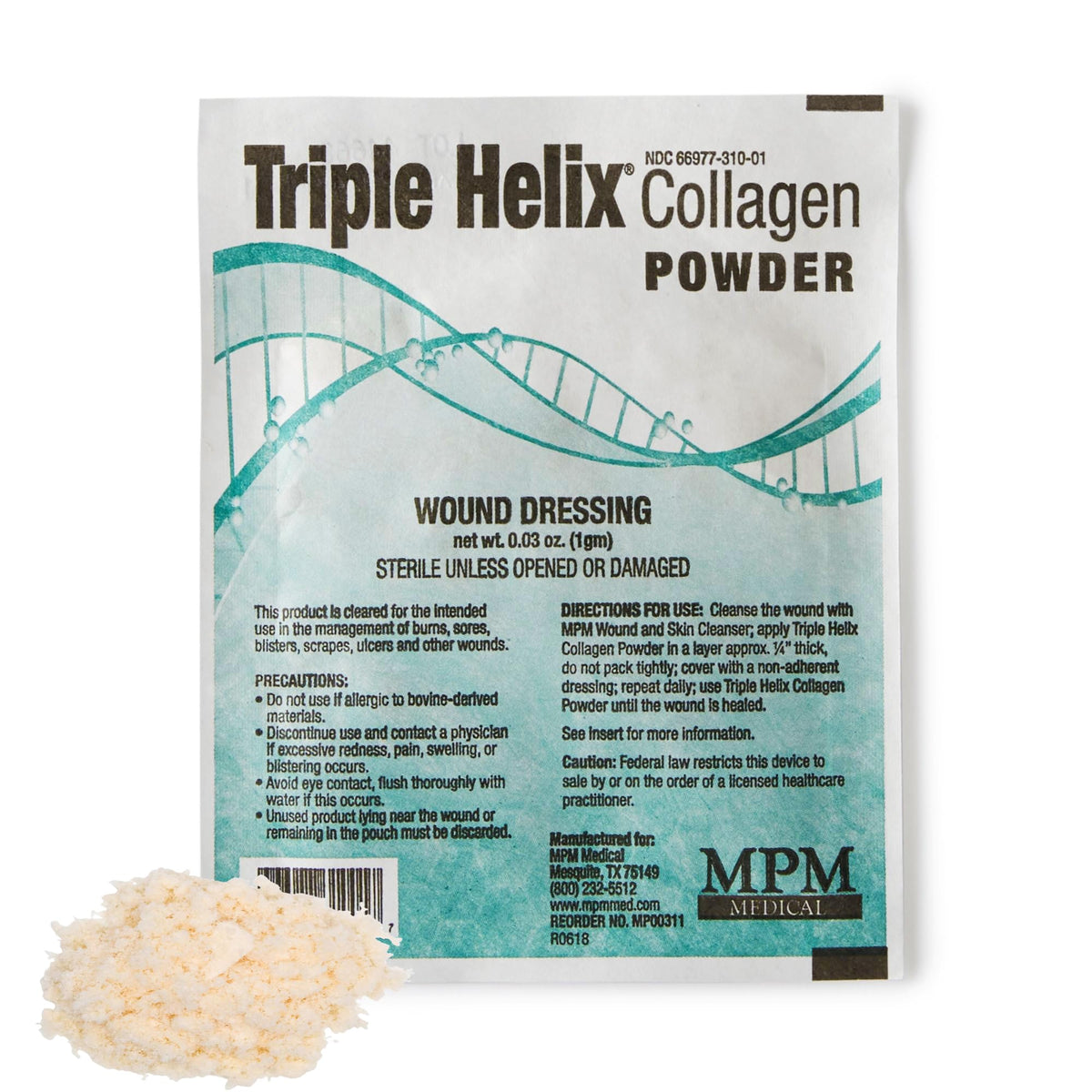 Poudre de collagène TripleHelix MPM Medical 59g en utilisation sur une plaie