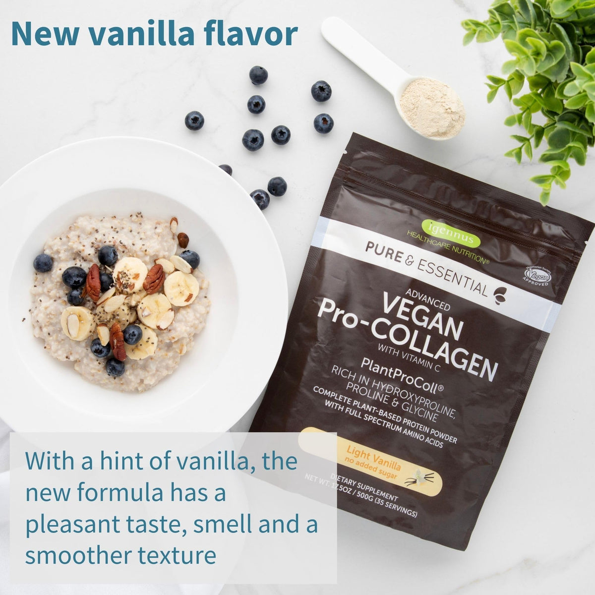 Poudre de collagène vegan Igennus à la vanille dans un shaker