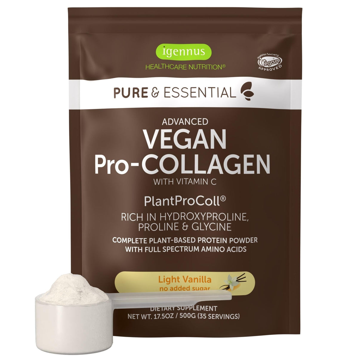 Poudre de collagène vegan Igennus à la vanille, vue de face