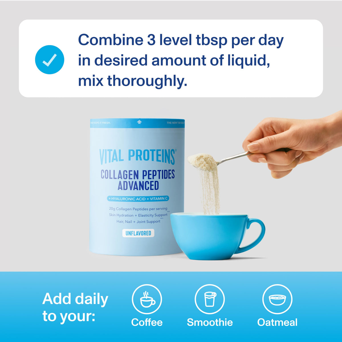 Poudre de collagène Vital Proteins, 680g, en mesure dans une cuillère