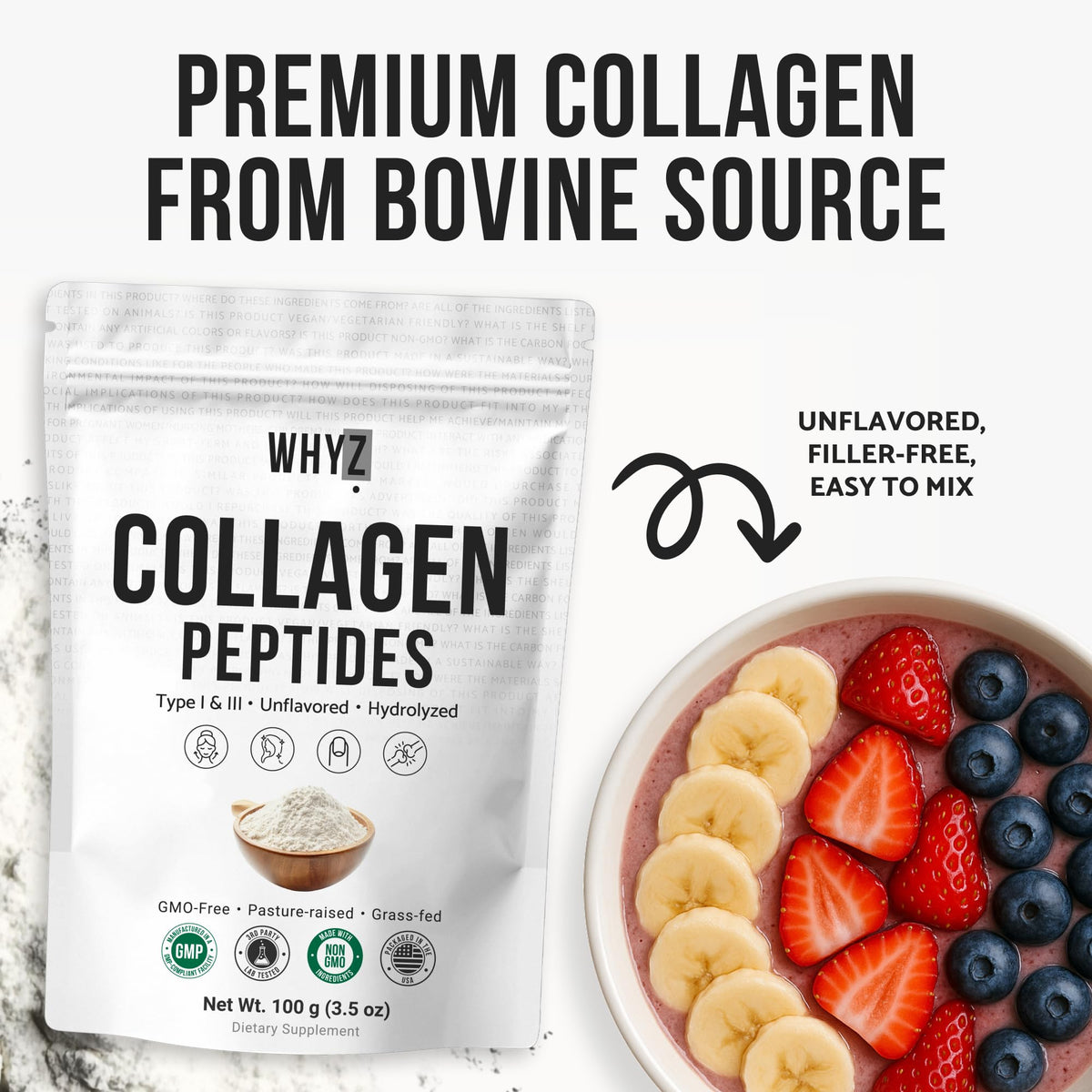 Poudre de collagène WHYZ ajoutée à un smoothie