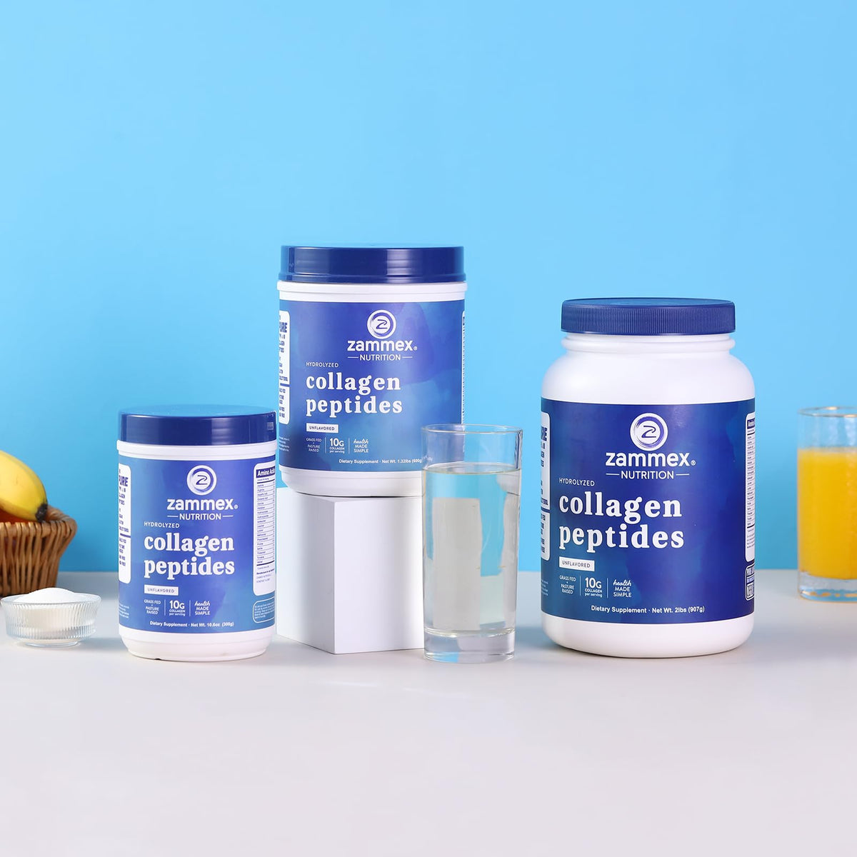 Poudre de collagène Zammex 712g avec des ingrédients naturels autour