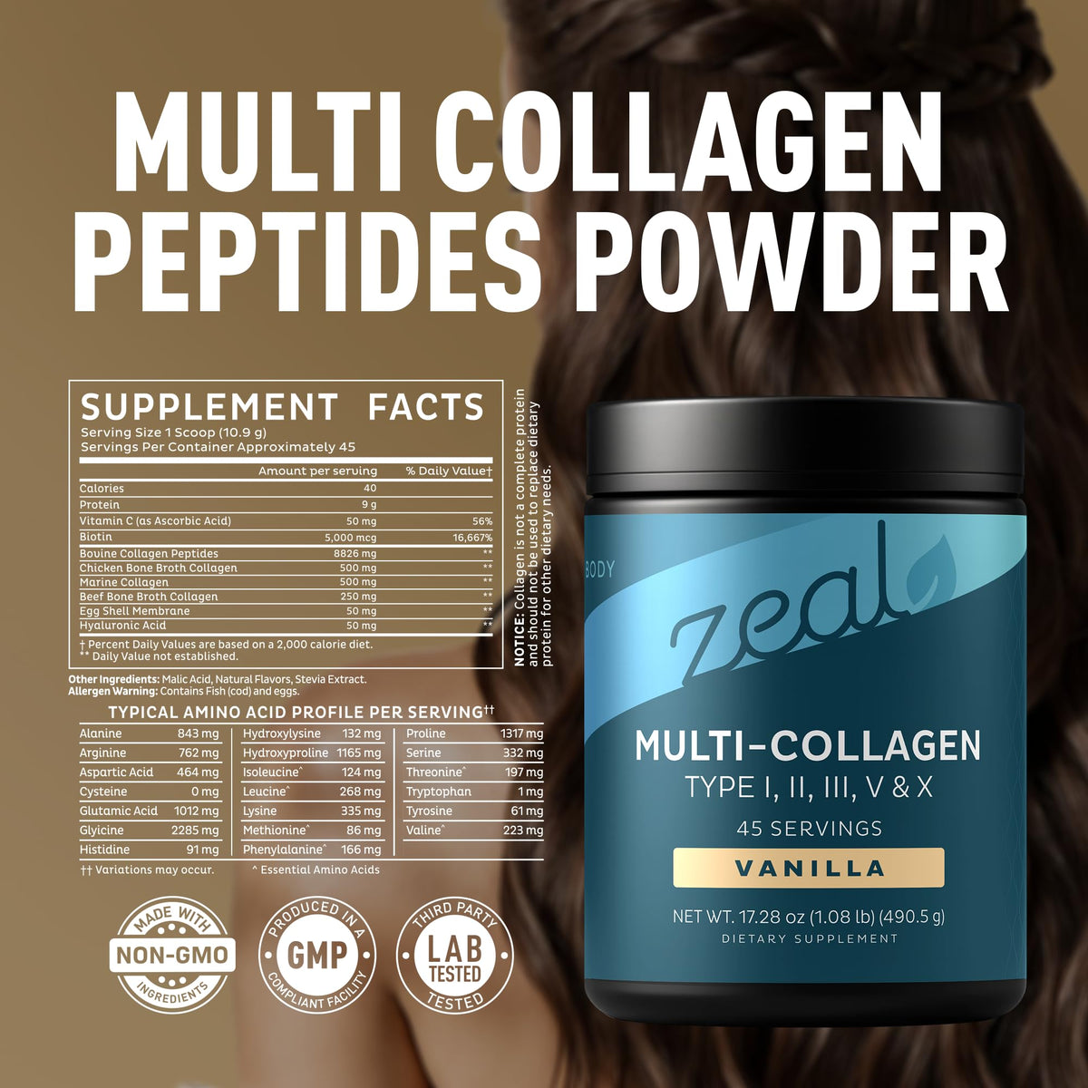 Poudre de collagène Zeal Naturals 771g vue arrière avec ingrédients
