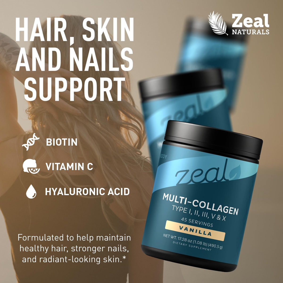 Poudre de collagène Zeal Naturals 771g vue de côté avec mesure