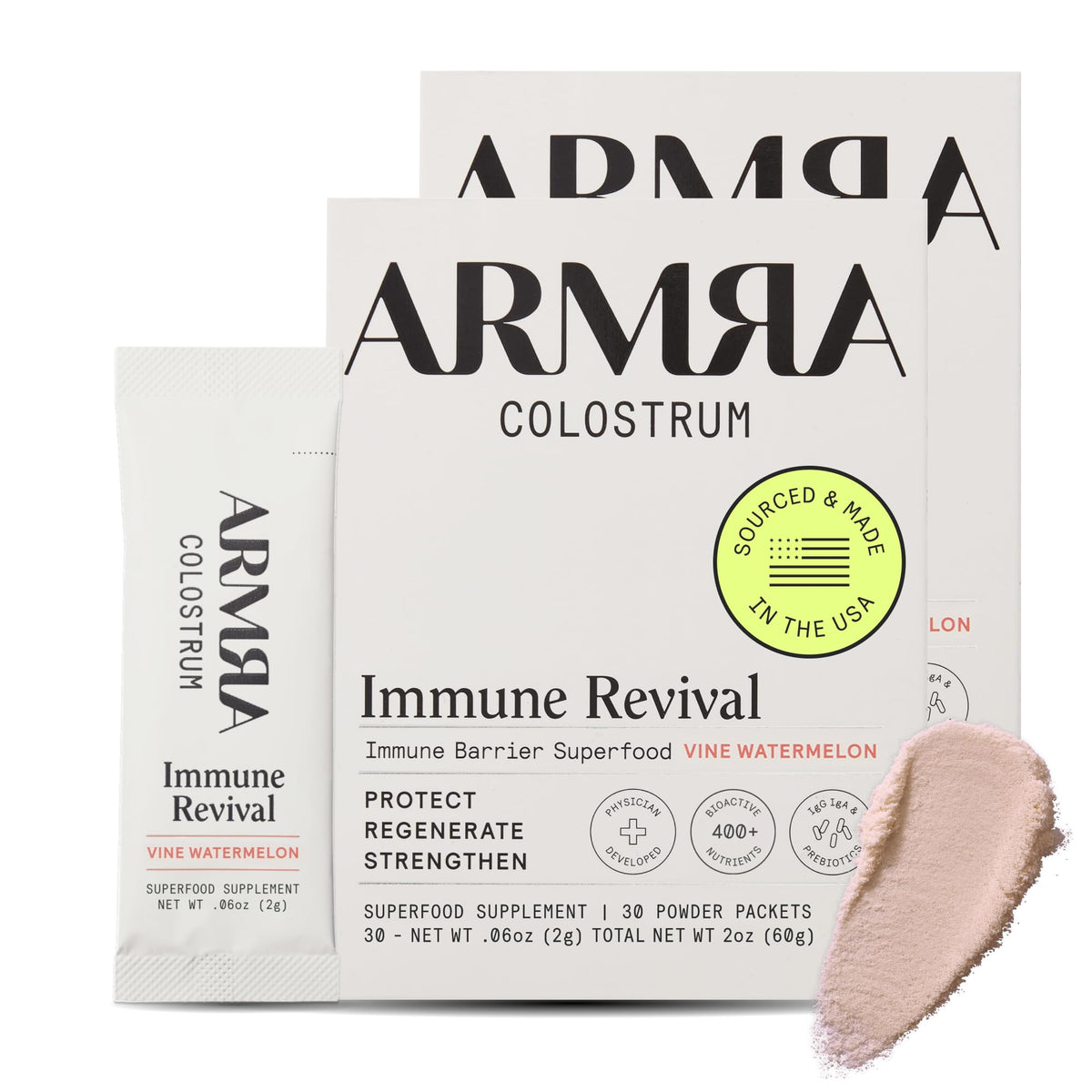 Poudre de Colostrum ARMRA au goût pastèque, vue de face