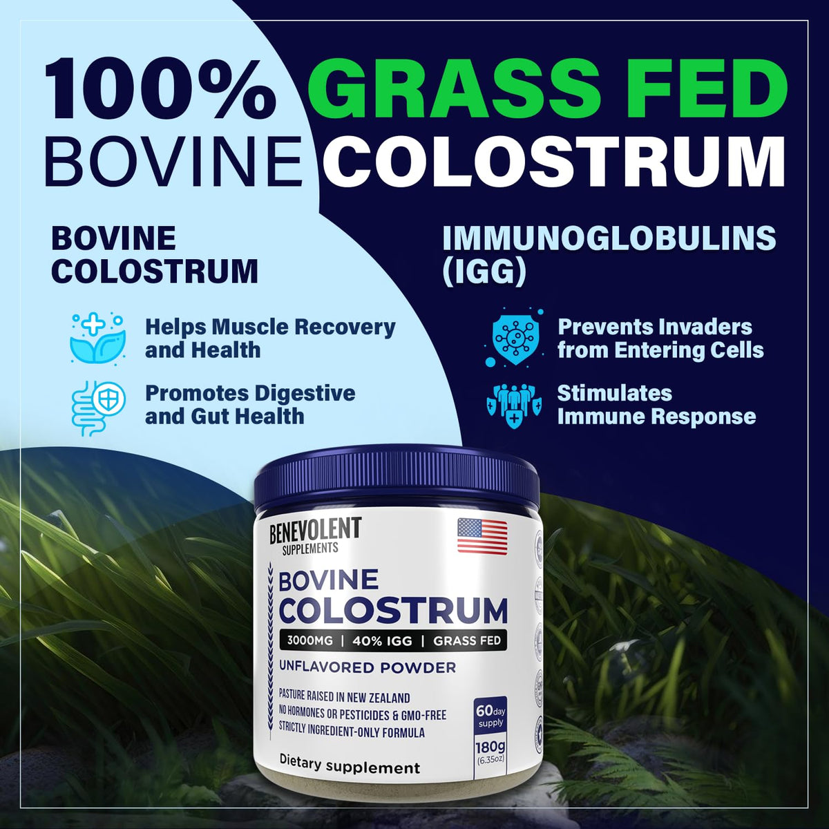Poudre de colostrum Benevolent Nourishment avec des ingrédients