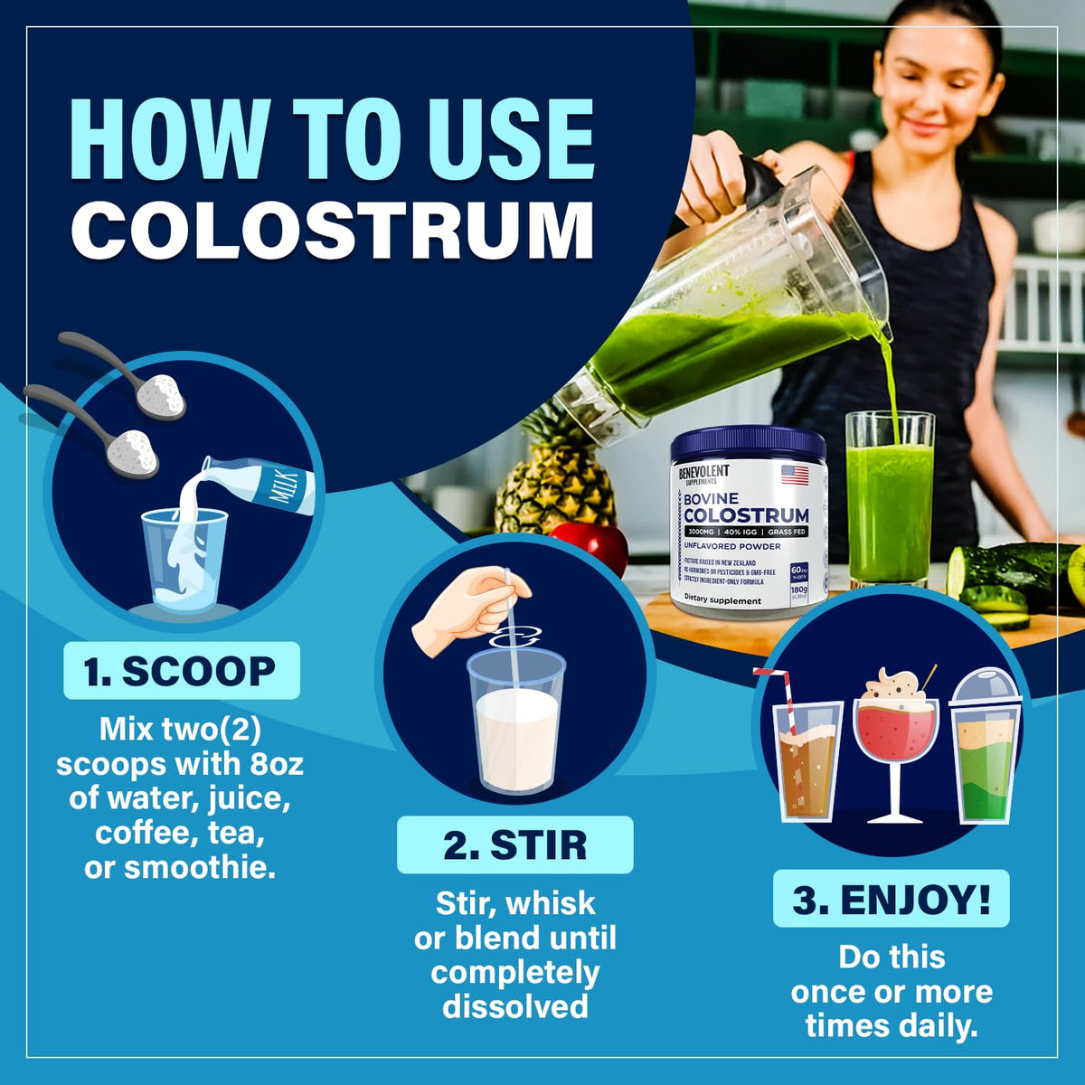 Poudre de colostrum Benevolent Nourishment dans un verre d'eau