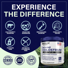 Poudre de colostrum Benevolent Nourishment sur une table