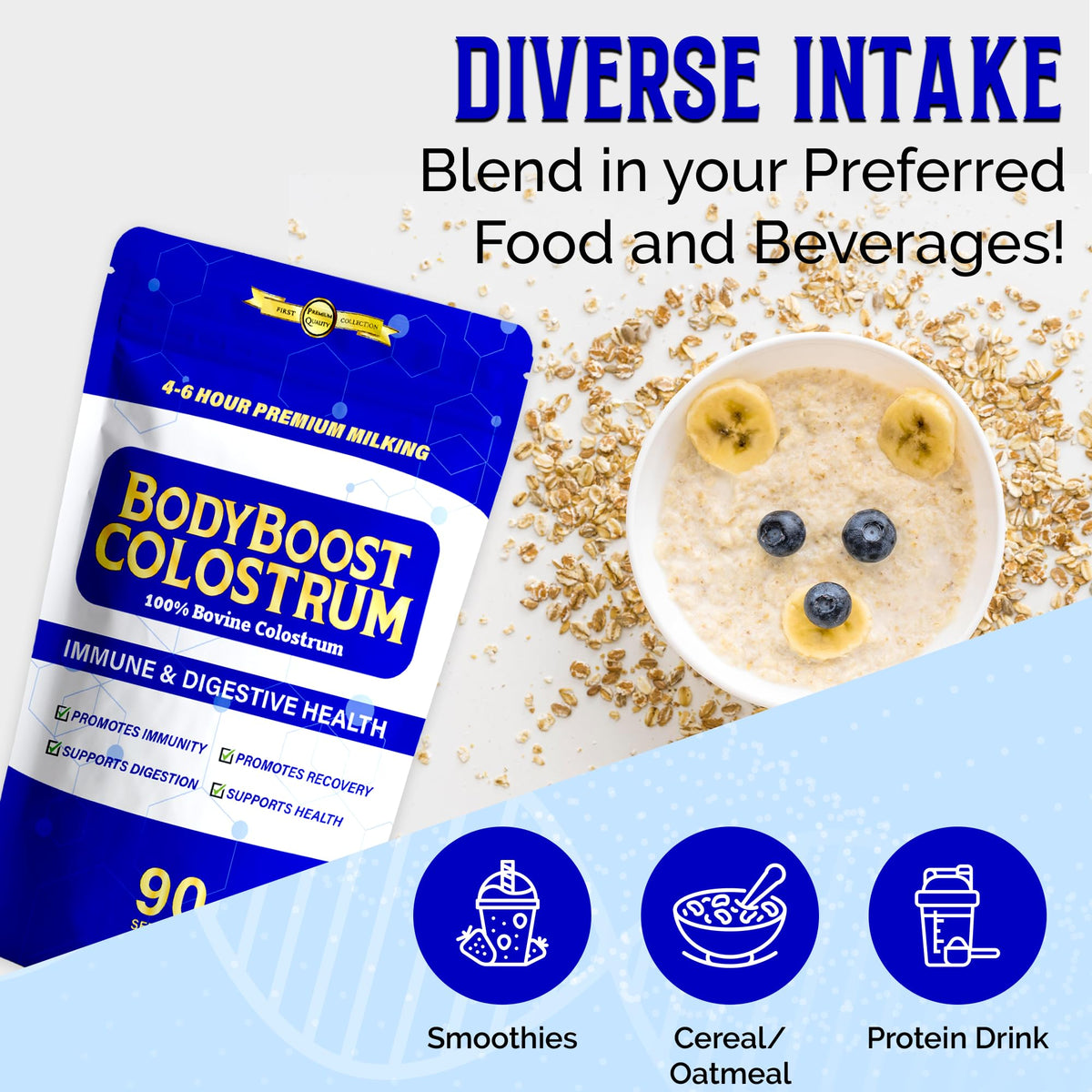 Poudre de colostrum BodyBoost 5000mg, en vue rapprochée de la texture