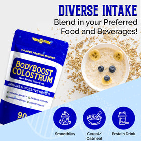 Poudre de colostrum BodyBoost 5000mg, en vue rapprochée de la texture
