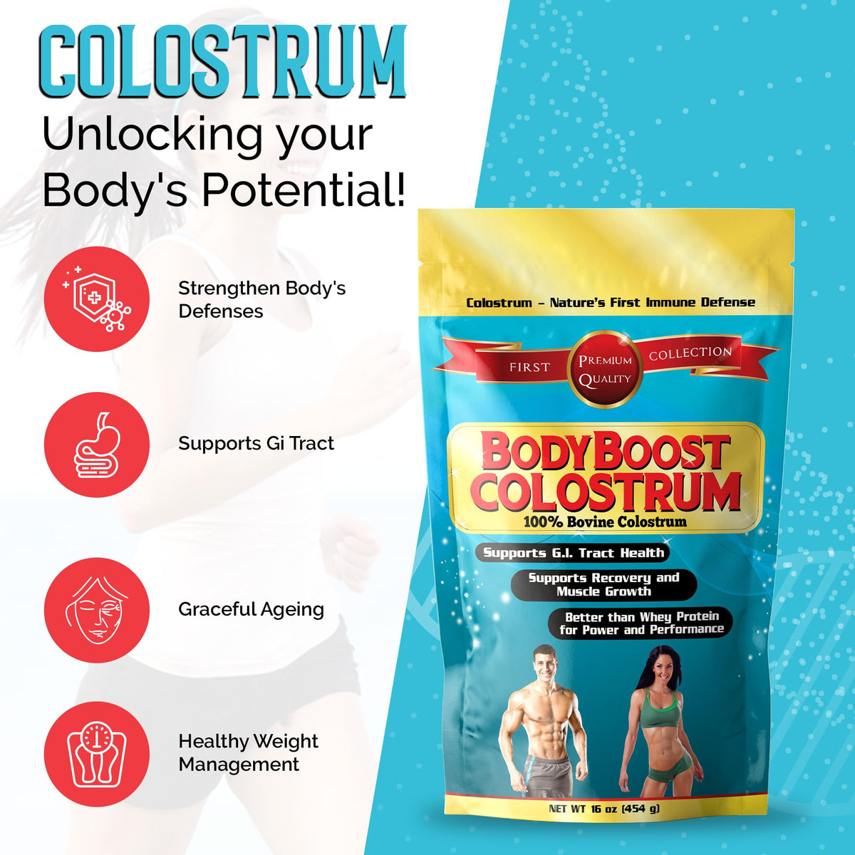 Poudre de colostrum BodyBoost 5000mg, étiquette avec ingrédients