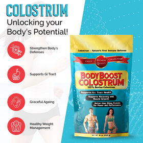 Poudre de colostrum BodyBoost 5000mg, étiquette avec ingrédients