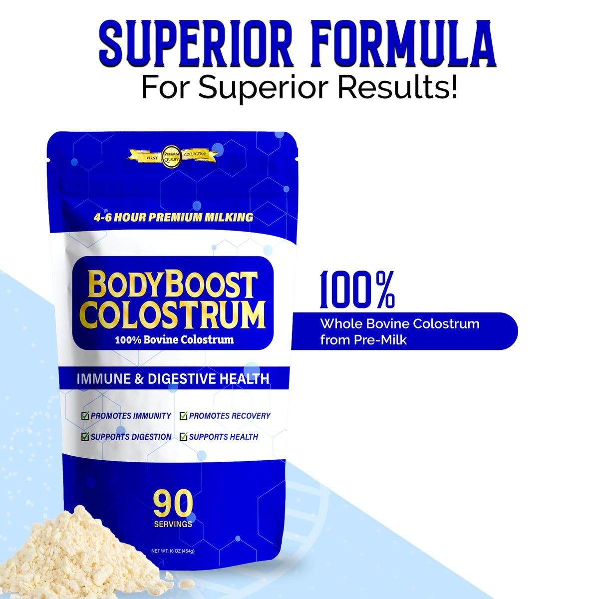 Poudre de colostrum BodyBoost 5000mg, mélange dans un smoothie
