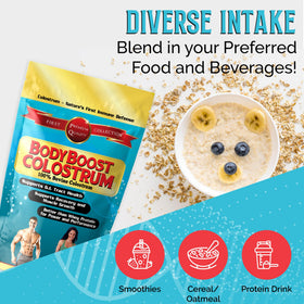 Poudre de colostrum BodyBoost 5000mg, pot ouvert avec cuillère