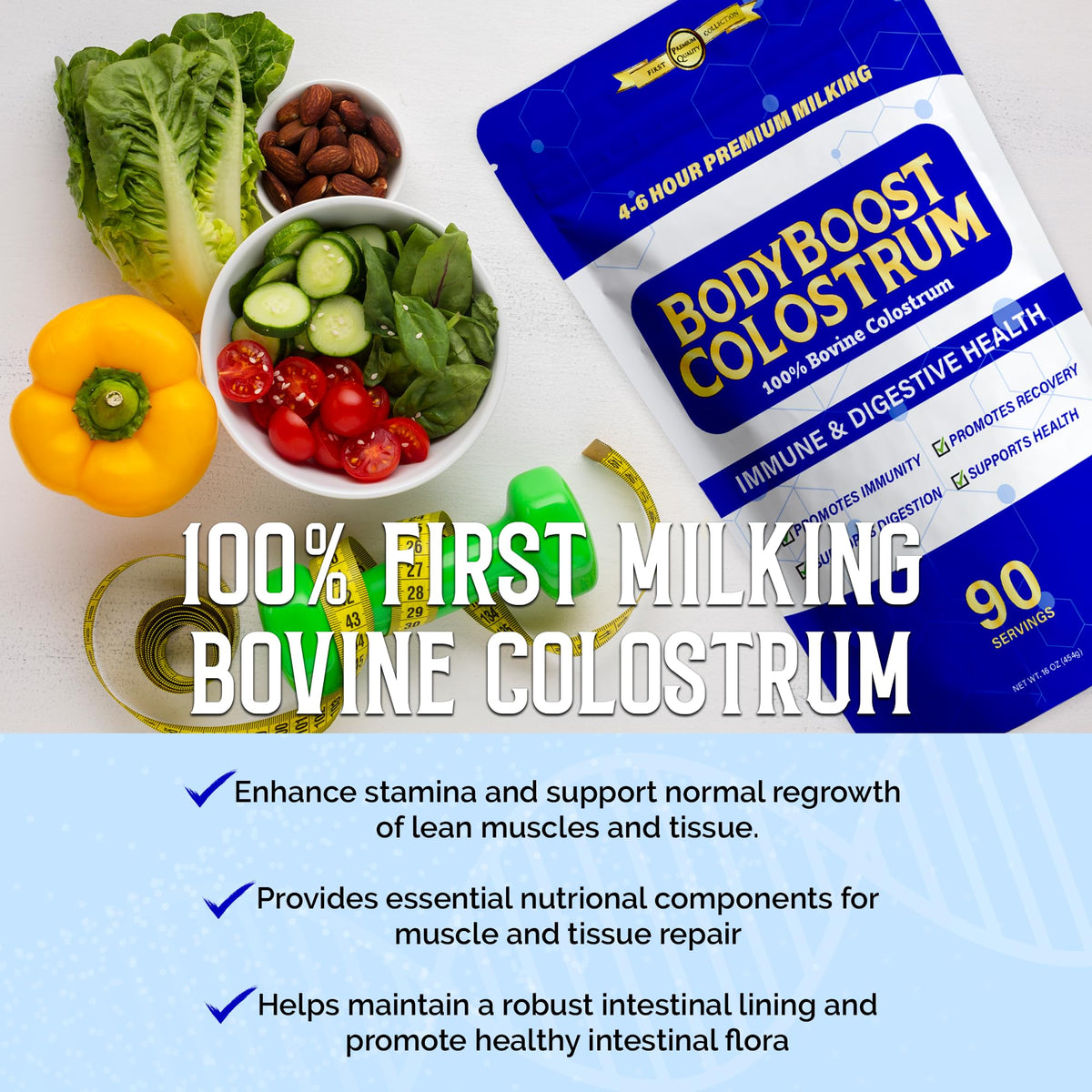 Poudre de colostrum BodyBoost 5000mg, présentation sur une table