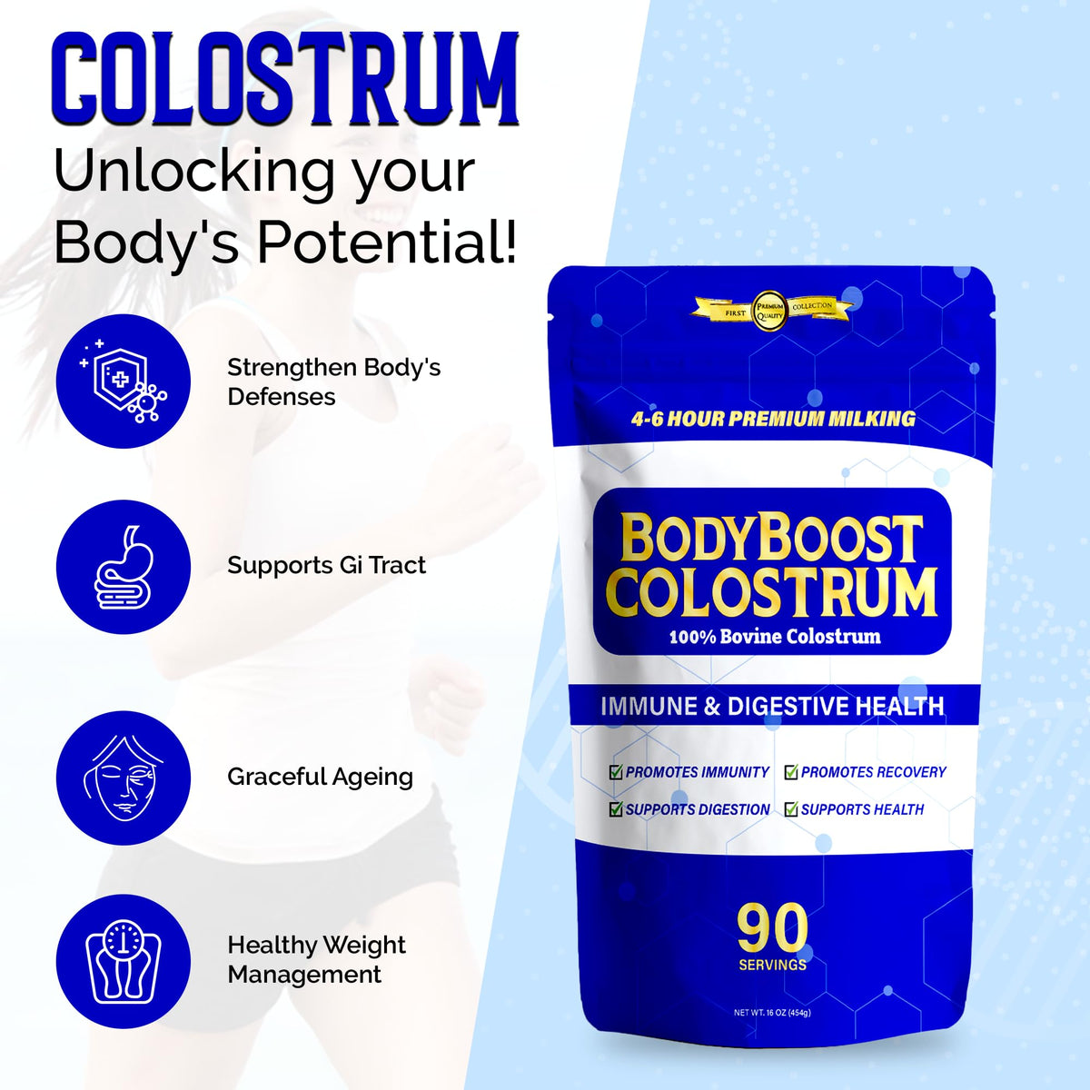 Poudre de colostrum BodyBoost 5000mg, vue de l'arrière de l'emballage