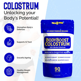 Poudre de colostrum BodyBoost 5000mg, vue de l'arrière de l'emballage