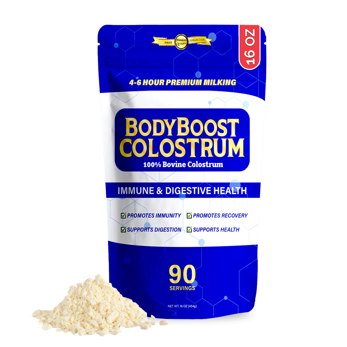 Poudre de colostrum BodyBoost 5000mg, vue de l'emballage avant
