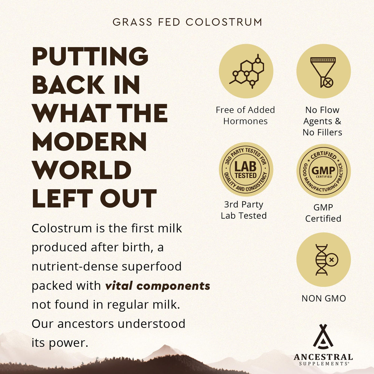 Poudre de colostrum bovin Ancestral Supplements avec un verre d'eau