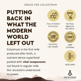 Poudre de colostrum bovin Ancestral Supplements avec un verre d'eau