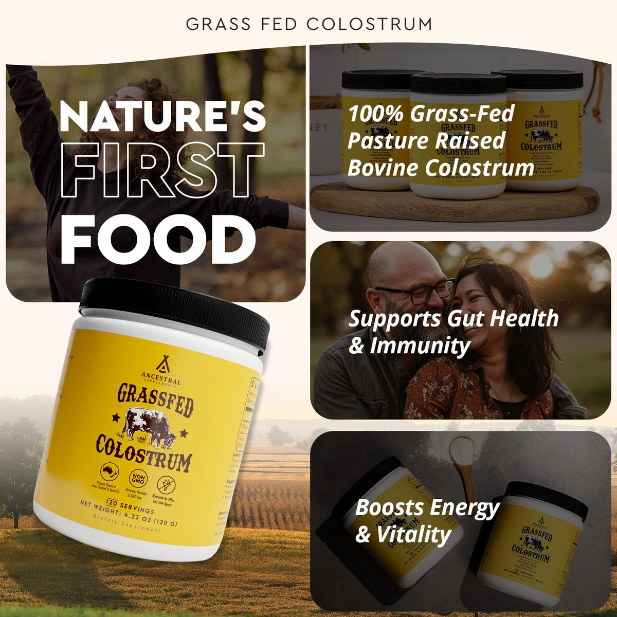 Poudre de colostrum bovin Ancestral Supplements mélangée dans un smoothie