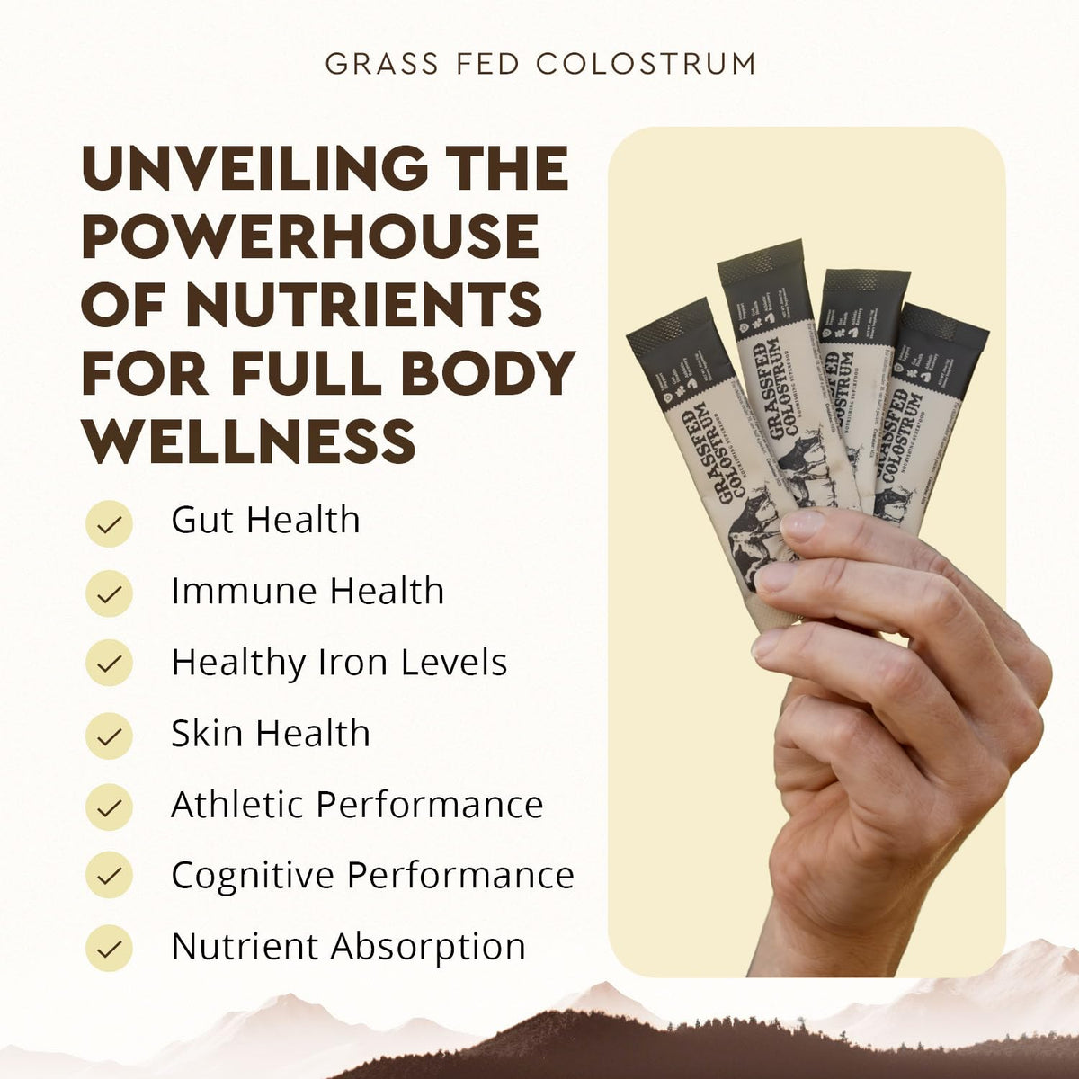 Poudre de colostrum bovin Ancestral Supplements sur une table