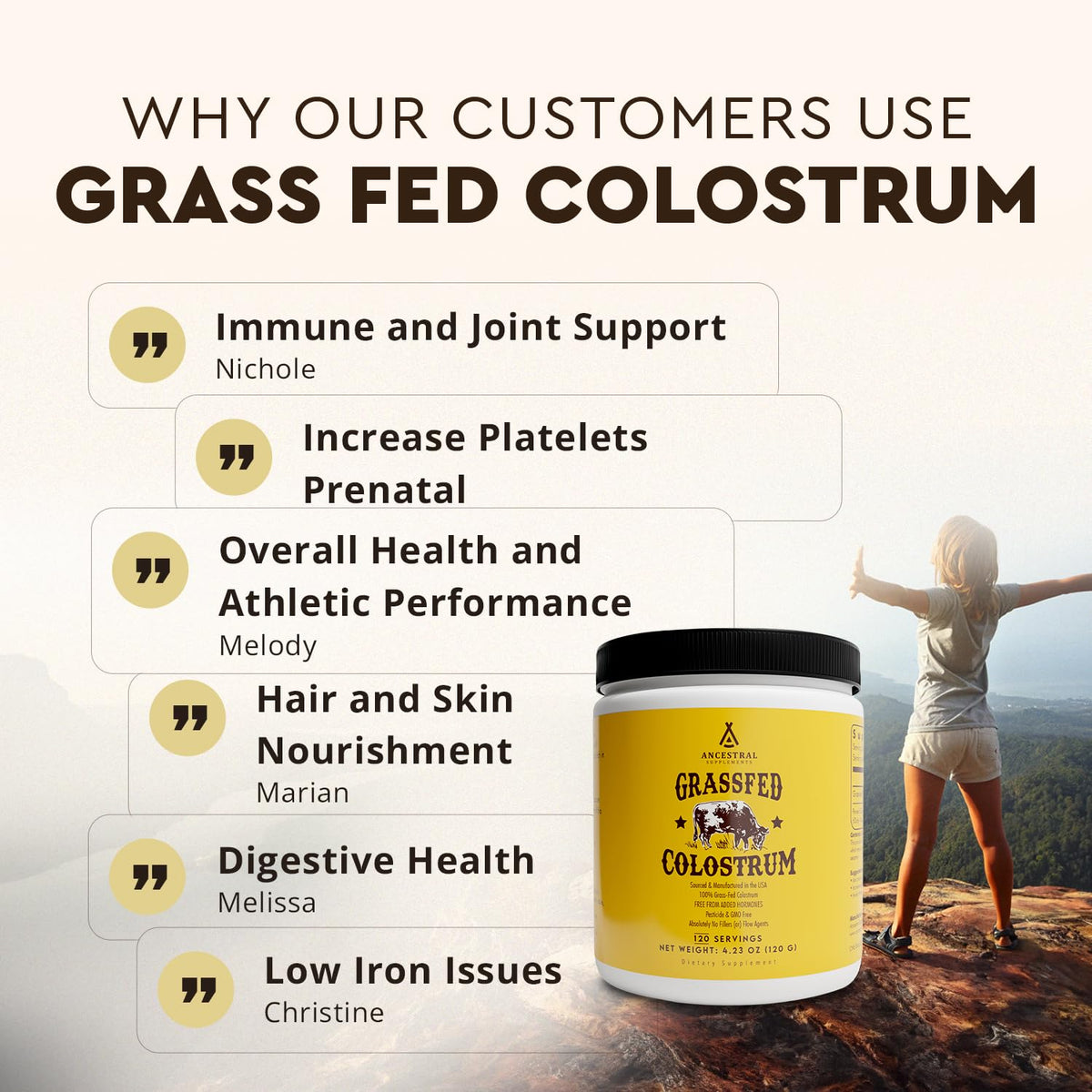Poudre de colostrum bovin Ancestral Supplements sur une table