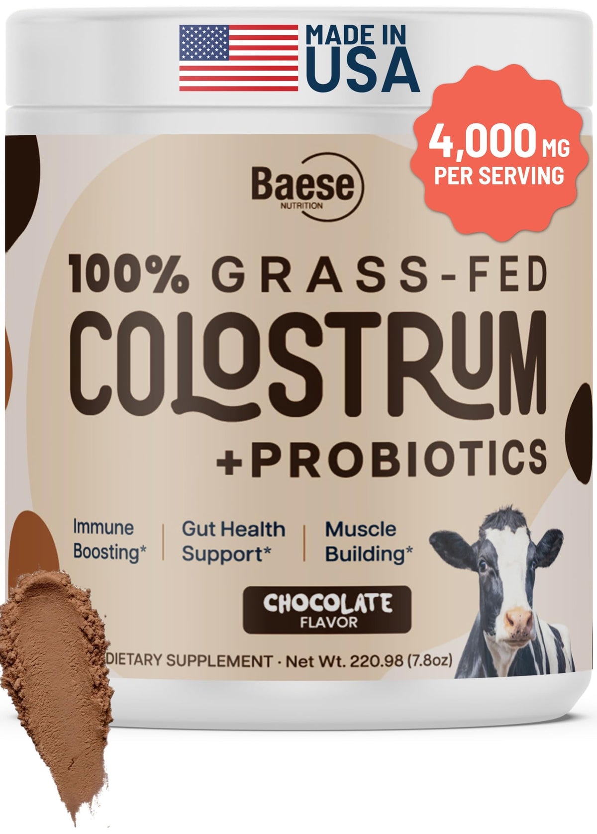 Poudre de colostrum bovin Baese Nutrition 4000mg au chocolat, vue de face