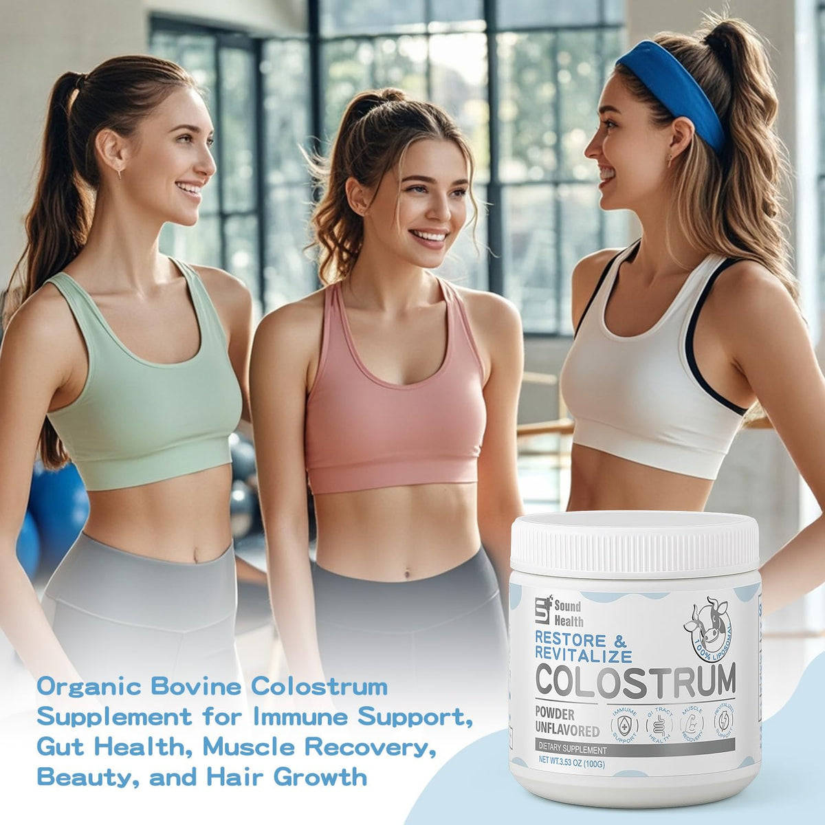 Poudre de colostrum bovin bio Sound Health Supplements avec d'autres compléments alimentaires