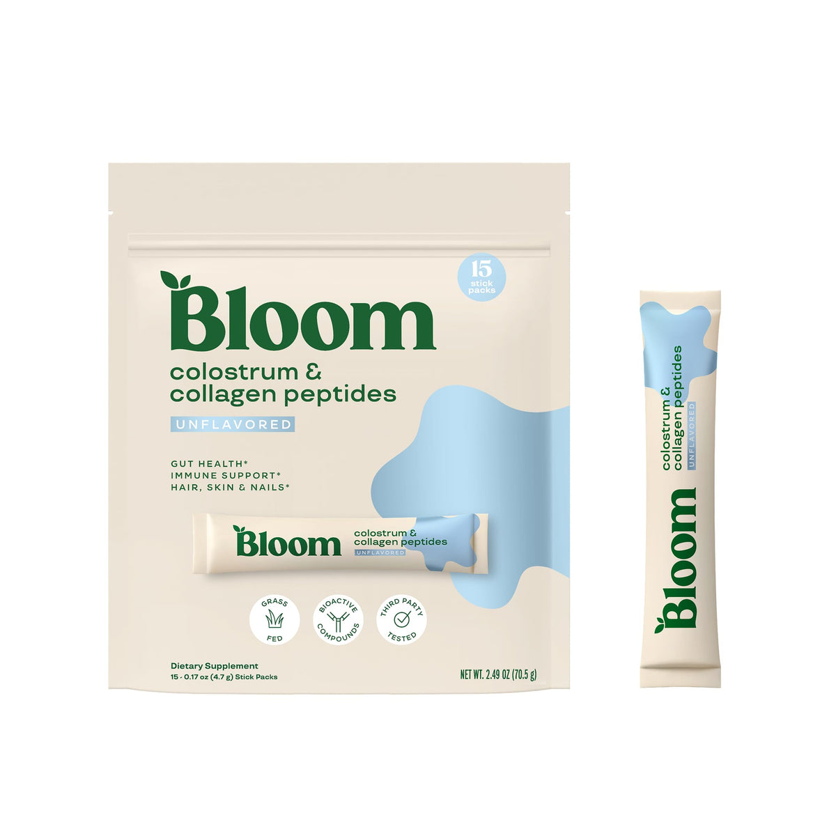 Poudre de colostrum bovin Bloom Nutrition 141g vue de face