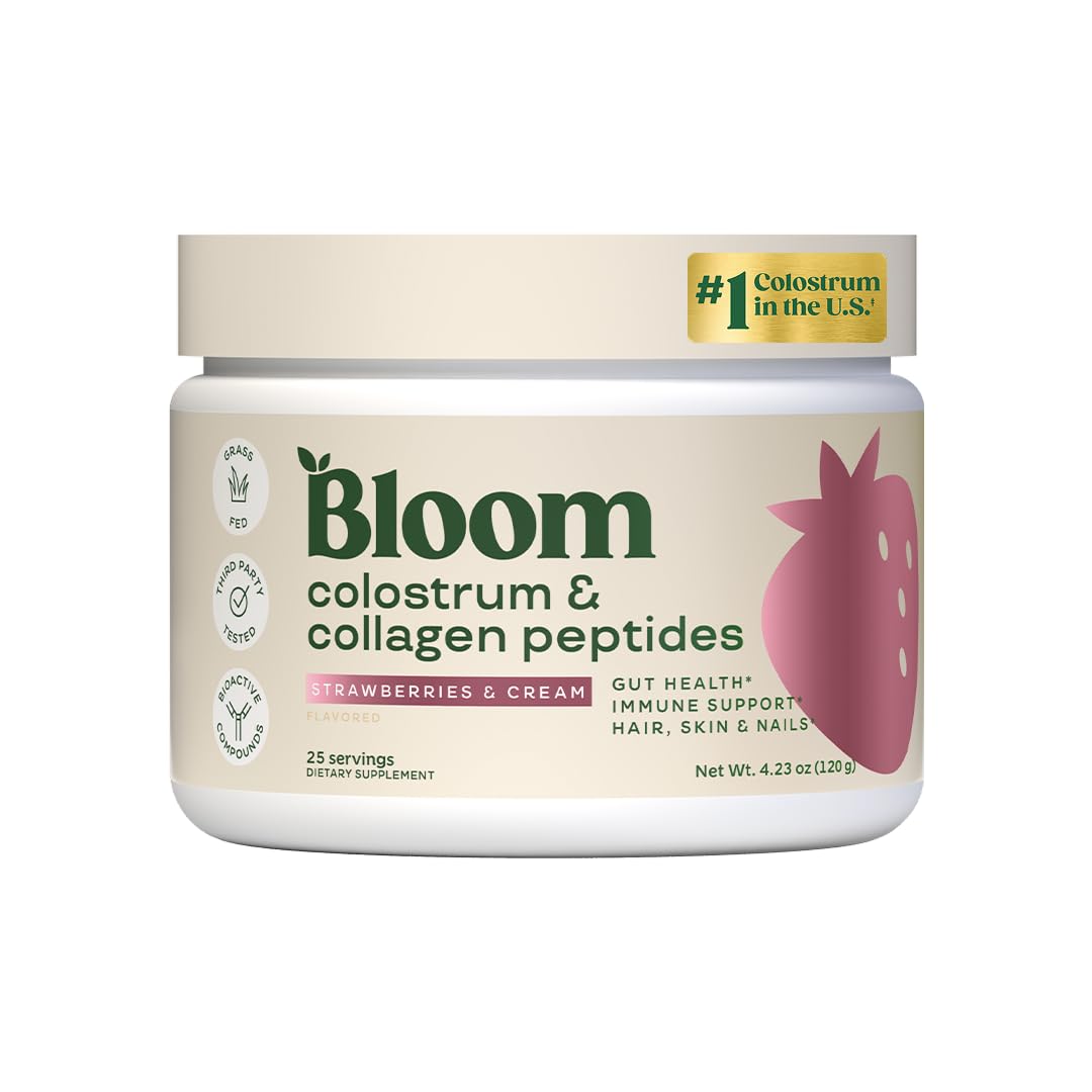 Poudre de colostrum bovin Bloom Nutrition fraises et crème vue de face