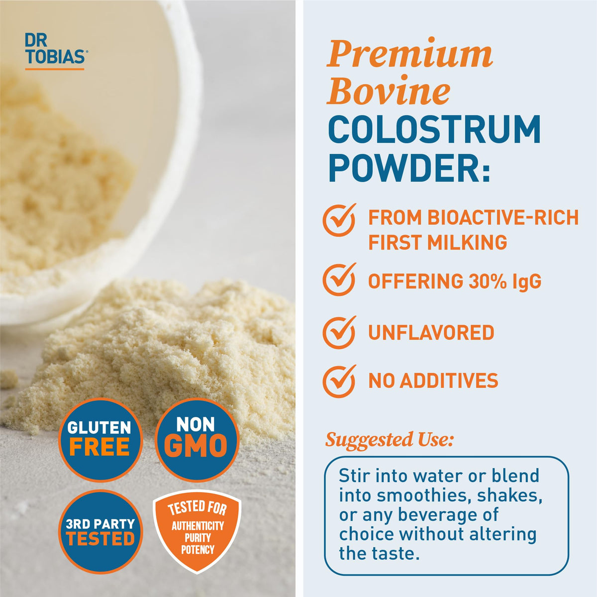 Poudre de colostrum bovin Dr. Tobias dans un verre d'eau
