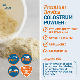Poudre de colostrum bovin Dr. Tobias dans un verre d'eau