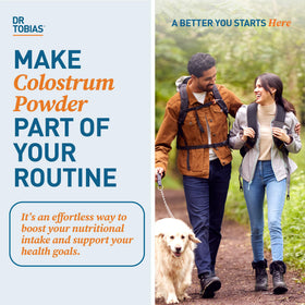 Poudre de colostrum bovin Dr. Tobias sur une table en bois
