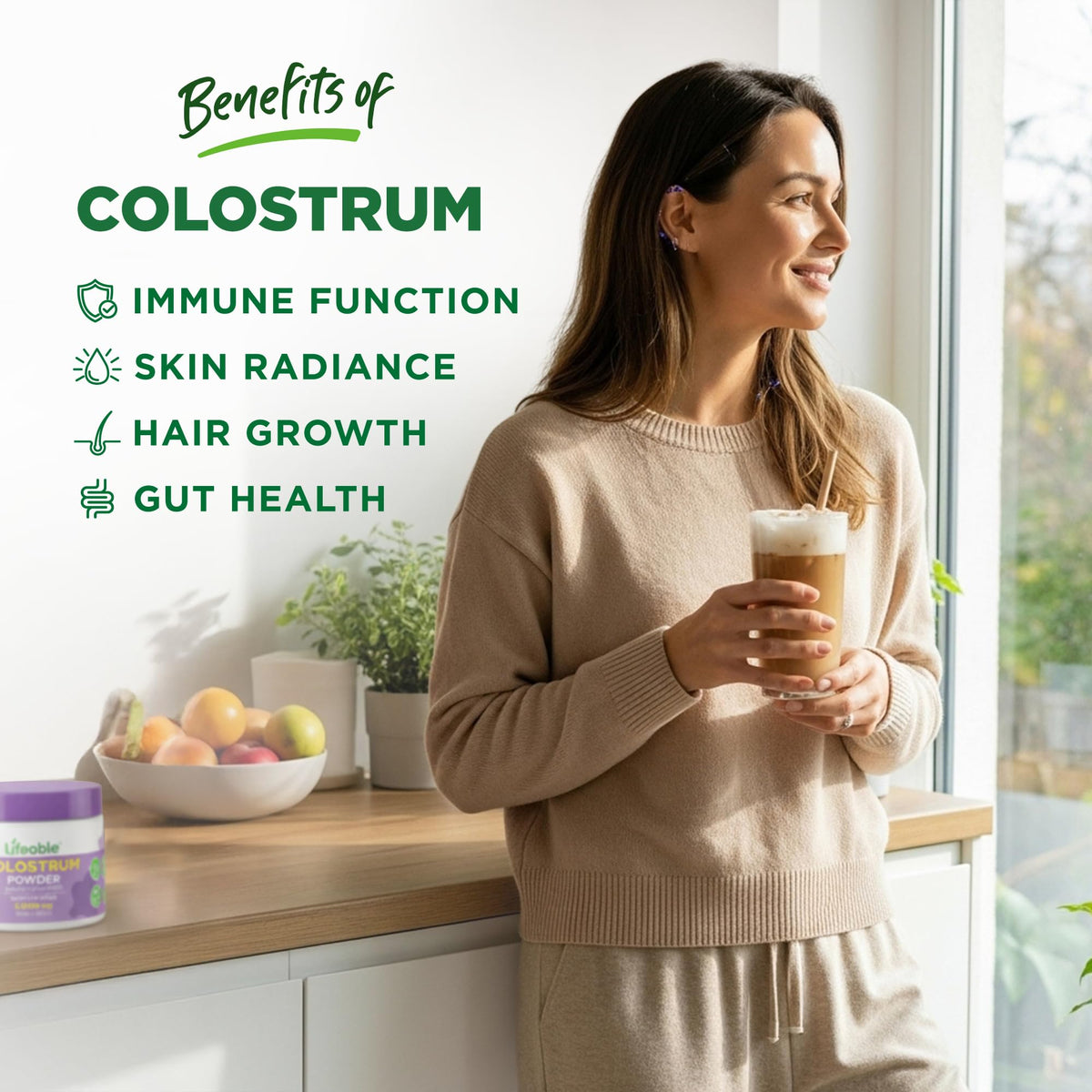 Poudre de colostrum bovin Lifeable dans un verre d'eau