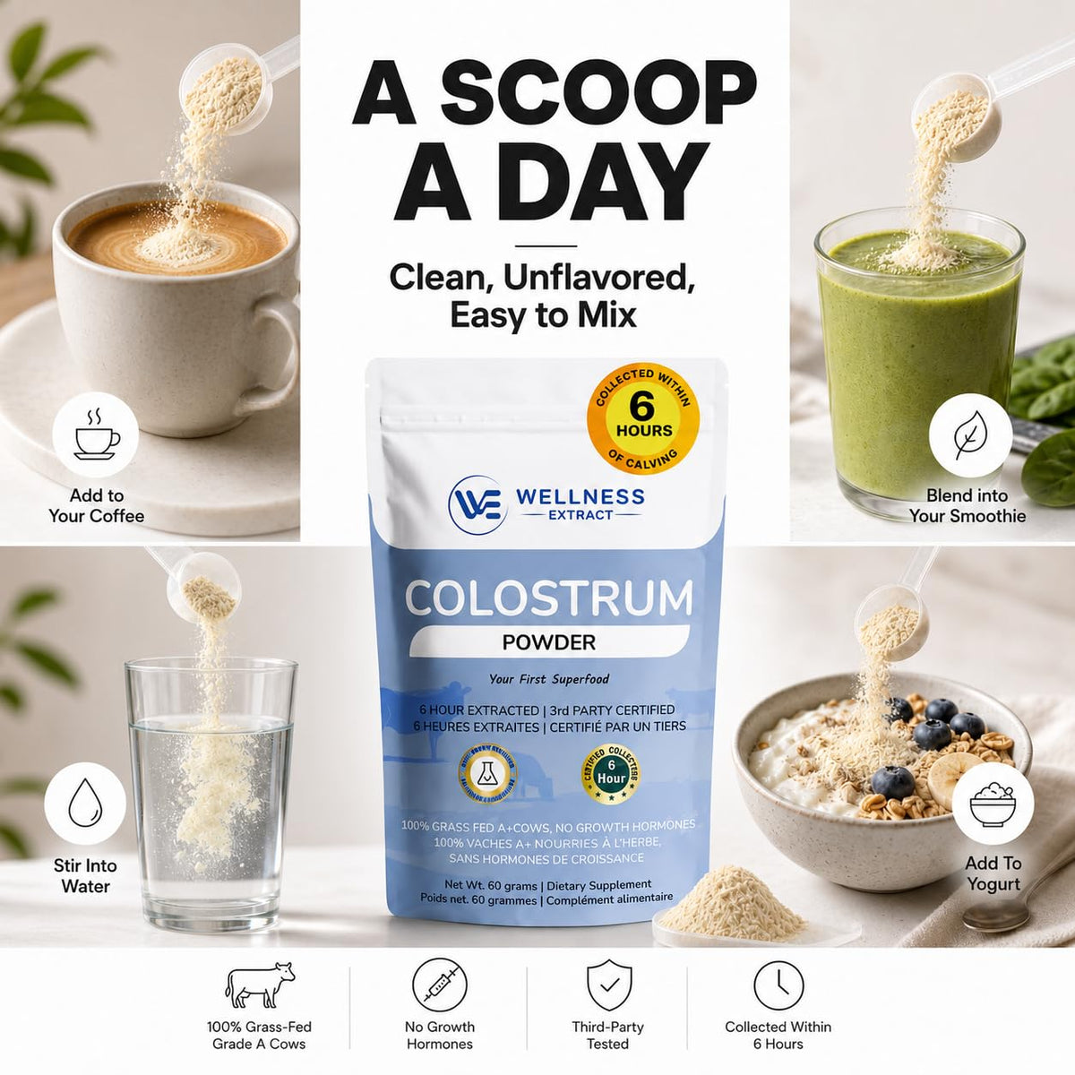 Poudre de colostrum bovin WELLNESS EXTRACT avec une cuillère