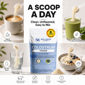 Poudre de colostrum bovin WELLNESS EXTRACT avec une cuillère