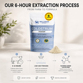 Poudre de colostrum bovin WELLNESS EXTRACT sur une table