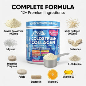 Poudre de colostrum et collagène Clean Nutraceuticals avec cuillère doseuse
