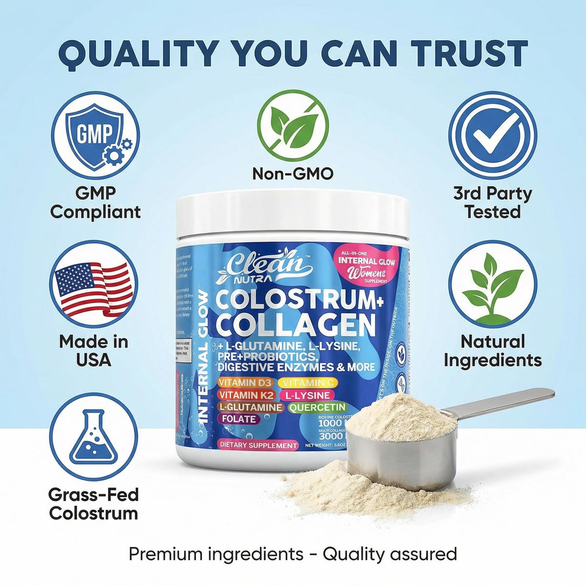 Poudre de colostrum et collagène Clean Nutraceuticals avec ingrédients