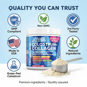 Poudre de colostrum et collagène Clean Nutraceuticals avec ingrédients