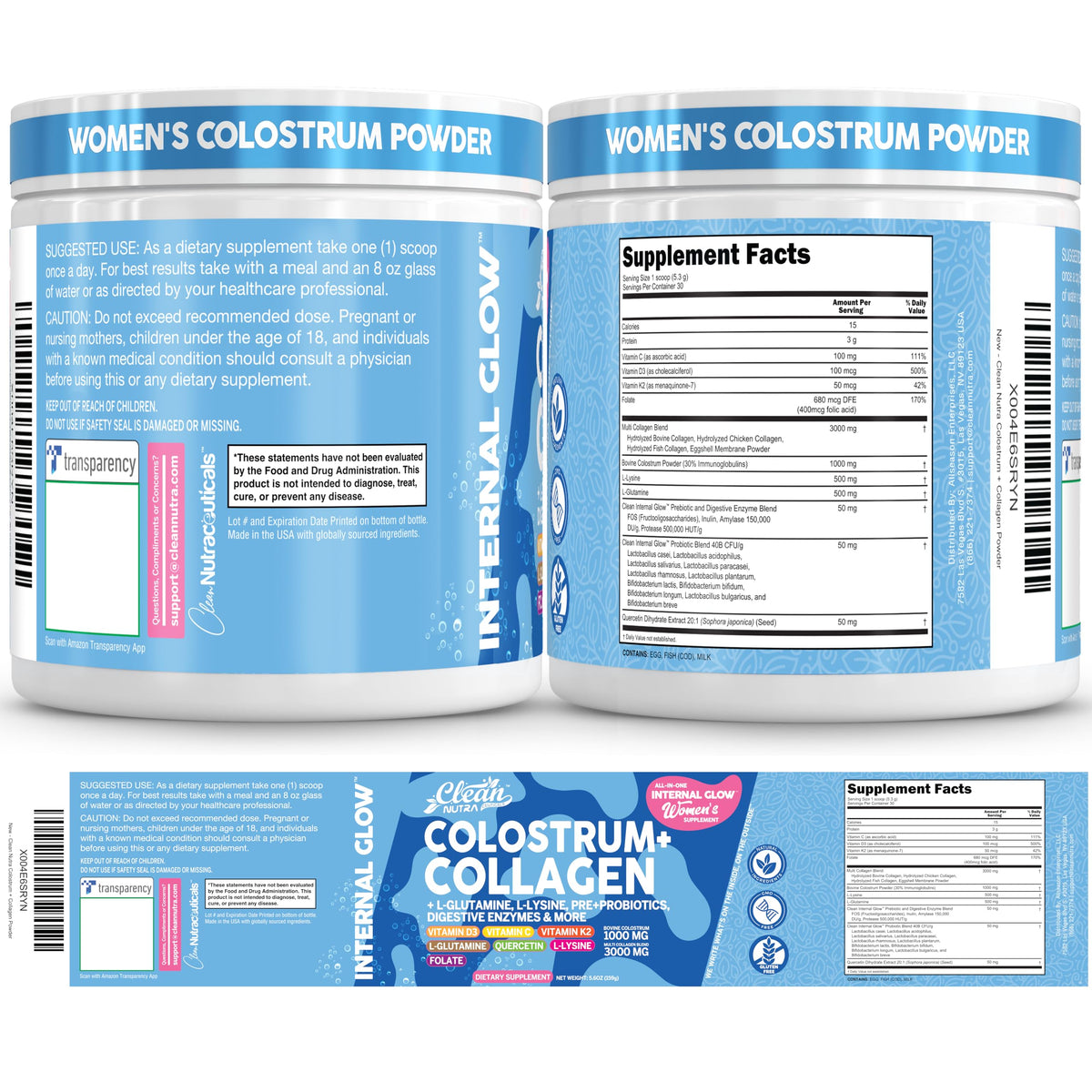 Poudre de colostrum et collagène Clean Nutraceuticals sur une table