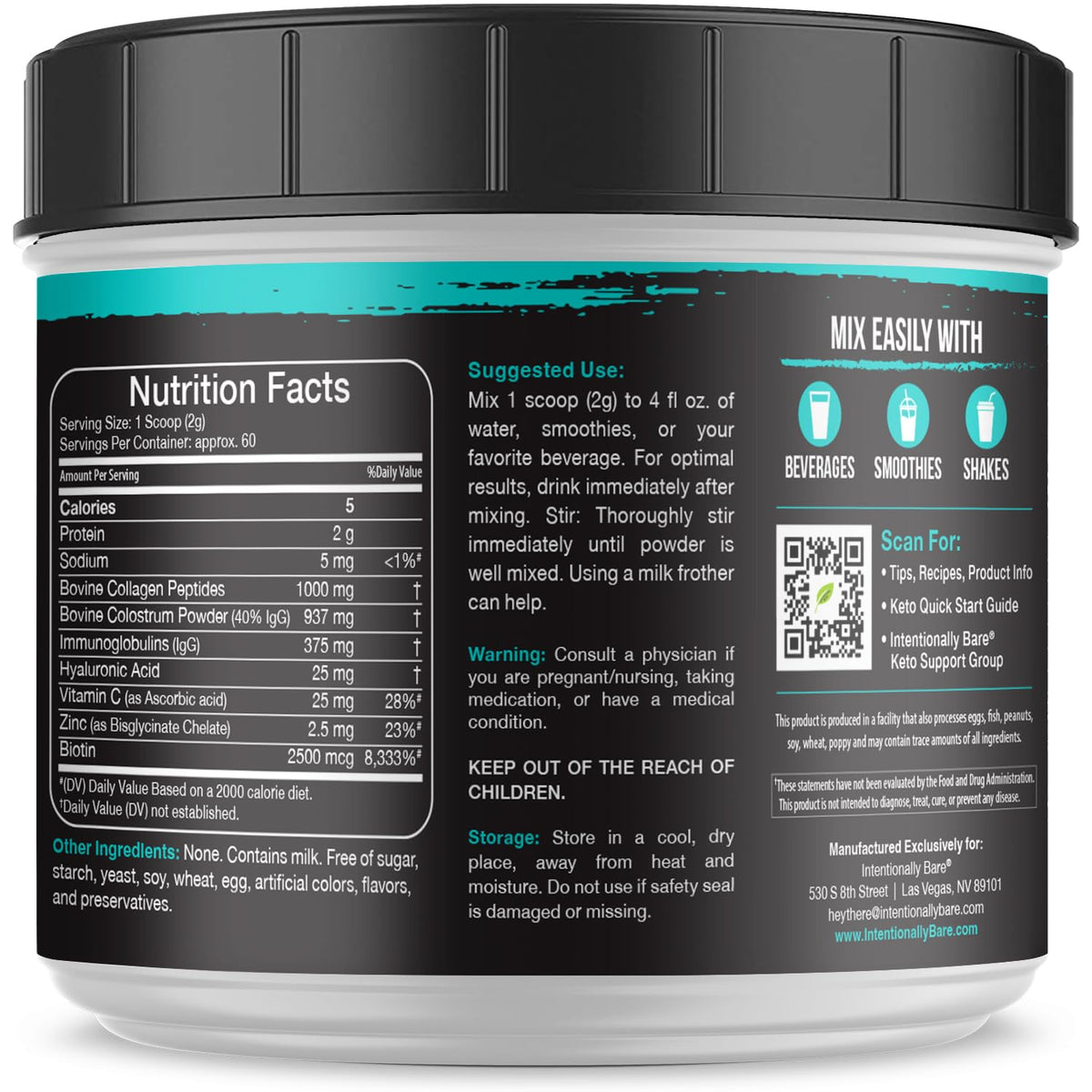 Poudre de colostrum et collagène Intentionally Bare avec des ingrédients naturels