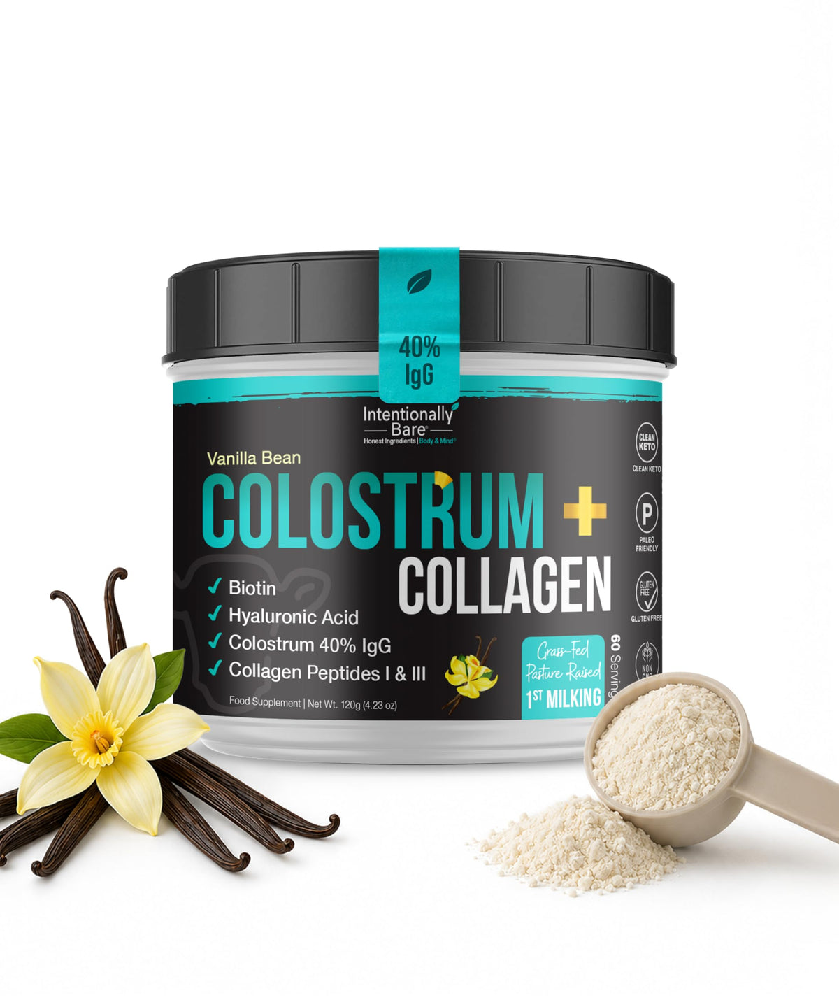 Poudre de colostrum Intentionally Bare 120g saveur vanille vue de face