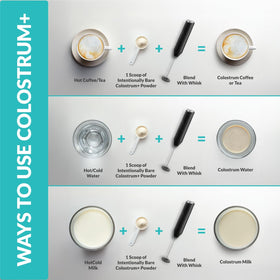 Poudre de colostrum Intentionally Bare sur une table en bois