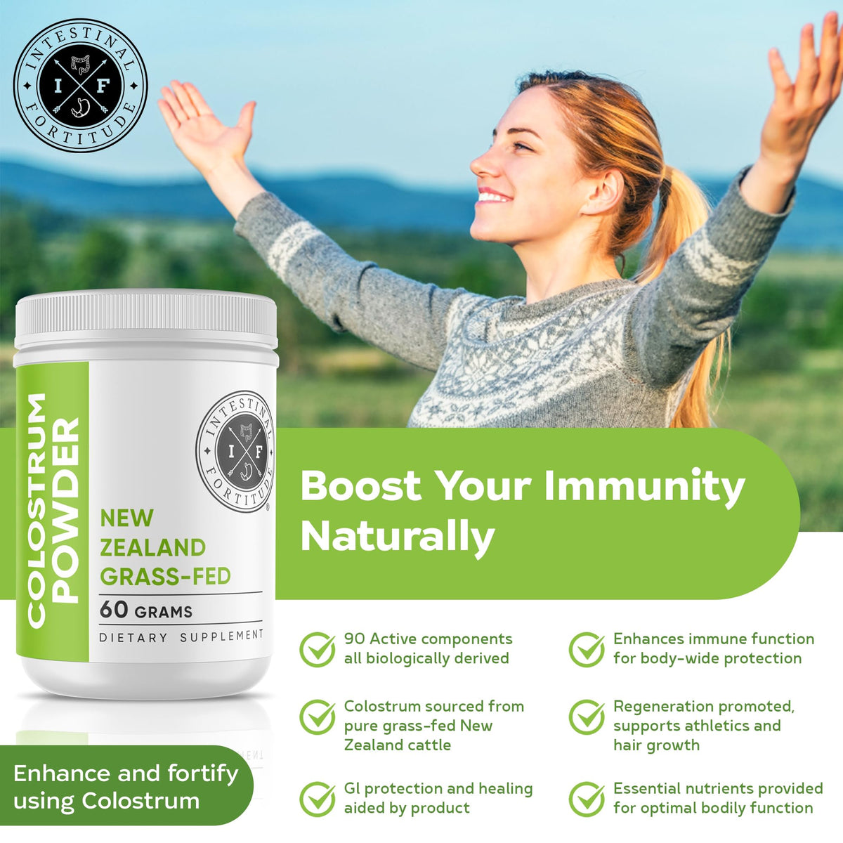 Poudre de colostrum Intestinal Fortitude dans un verre d'eau