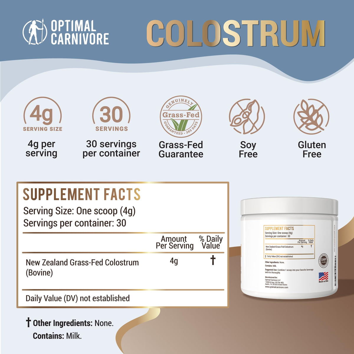 Poudre de colostrum Optimal Carnivore 120g sur une table en bois